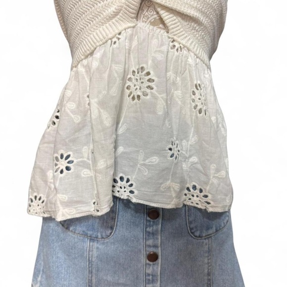 White Strapless Twist Front Top Eyelet Lace Peplum Boho Cottagecore Festival XS - Picture 3 of 7